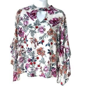 Floral Blouse Womens Med Pink Green Boho Flare Sleeves Fairy Feminine Coquette